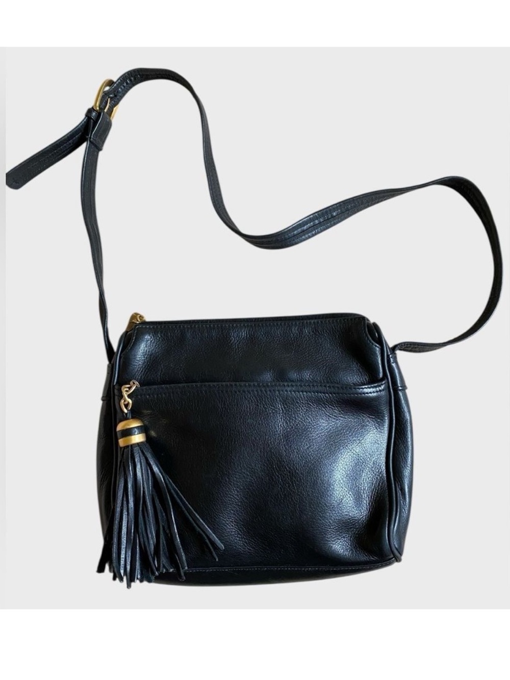 Tignanello Black Leather Crossbody Shoulder Bag Tassel Charm Pockets Adjustable